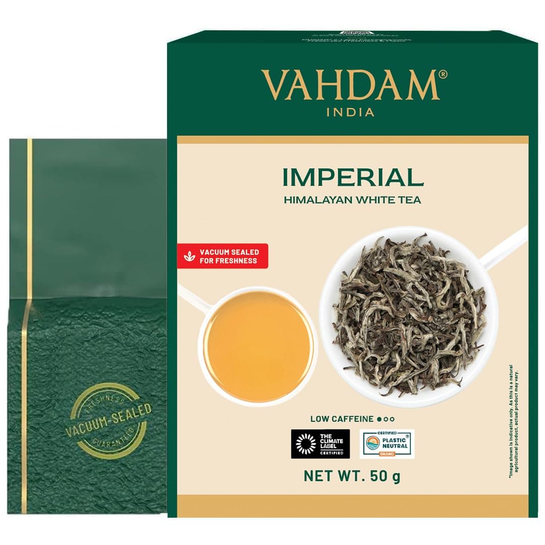 VAHDAM, Imperial White Tea Leaves From Himalayas (25 Cups/50g) High Elevation Grown, White Tea Loose Leaf Tea | 100% Halal Certified | Pure Unblended Loose Leaf Tea | Vacuum Sealed