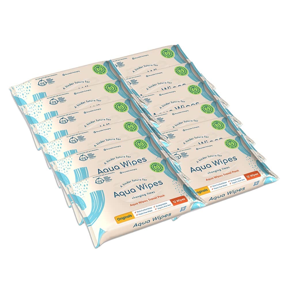 Aqua Wipes Originals (Travel size) Baby Wipes - Biodegradable Wipes - 99.6% Purified Water Paediatrician tested – Plastic free Wipes with Organic Aloe Vera Extract - 12 packs, 12 wipes per pack