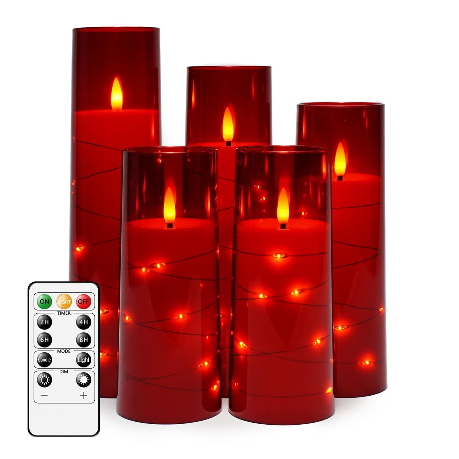 Flameless LED Candles with Timer 5 Pc Flickering Flameless Candles for Romantic Ambiance and Home Decoration Durable Acrylic Shell,with Embedded Star String,Battery Operated Candles(Red)