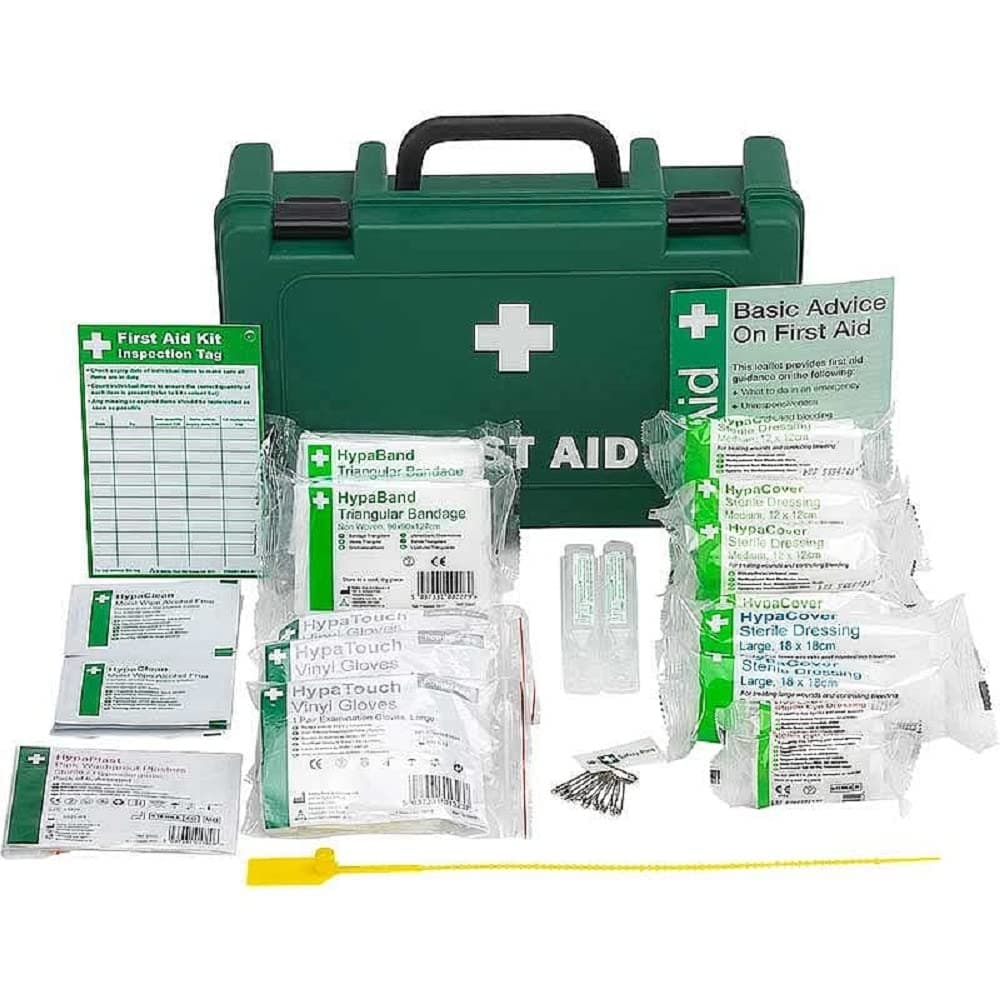 Workplace First Aid Kit (Small 1-10 Persons) Economy HSE-Compliant with Inspection Tags, Wall Bracket, Extra Plasters