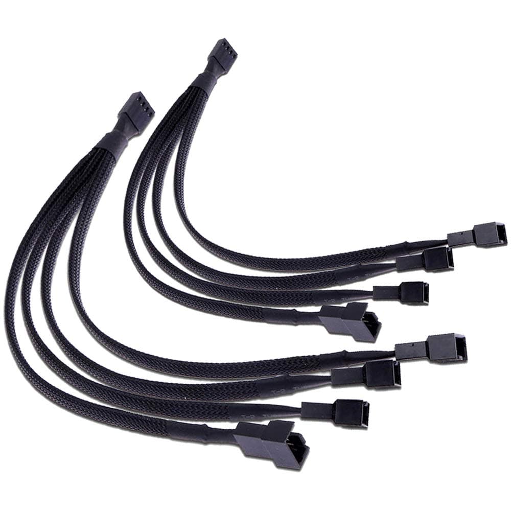 PWM Fan Splitter 4 pin Adapter Cable Sleeved Braided Y Splitter for Desktop Computer CPU Fan Splitter PC 4 Pin Fan Extension Power Cable 1 to 4 Converter 10 inches (2 Pack)