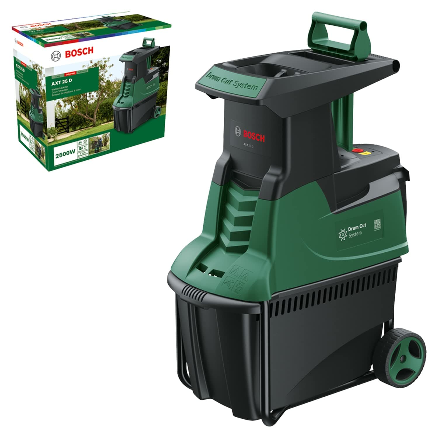Bosch Quiet Garden Shredder AXT 25 D (2500 W; Suitable for Tough Wood and Thorny Shrubs; Integrated Collection Box 53L)