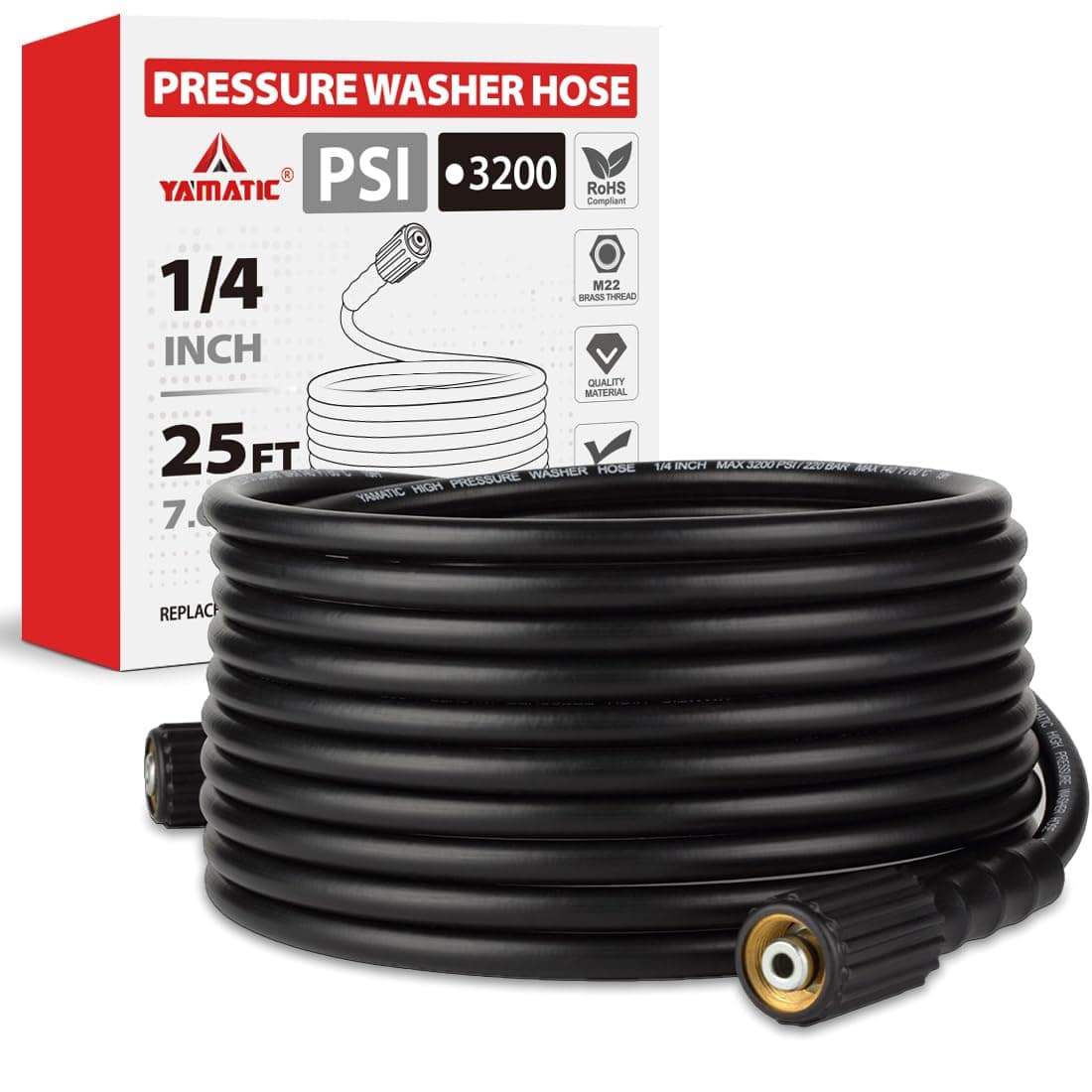 Pressure Washer Hose 25FT x 1/4", 3200 PSI Kink Resistant OEM-Quality Upgrade Power Washer Replacement with M22-14mm Brass Fittings for Ryobi, Troy Bilt, Greenworks, Craftsman
