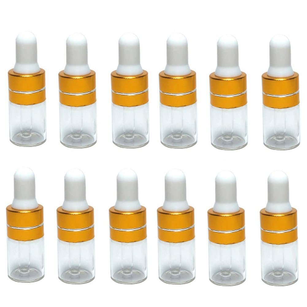 Set of 12 x Transparent Glass Dropper Bottles with White Rubber Caps / Storage Containers for Essential Oils, Perfume, Make-Up or Cosmetic Samples