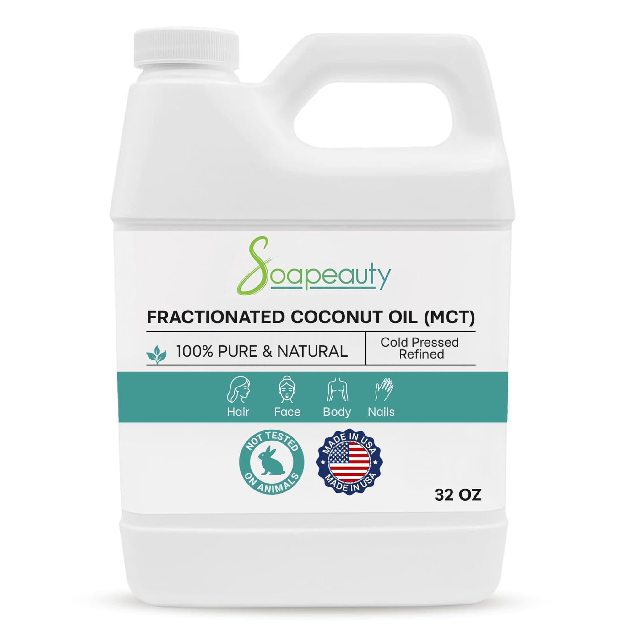 Soapeauty FRACTIONATED COCONUT OIL Organic Cold Pressed Refined | 100% Natural Available in Bulk | Carrier for Essential Oils, Face, Skin, Hair Moisturizer, Soap Making | (32 OZ)