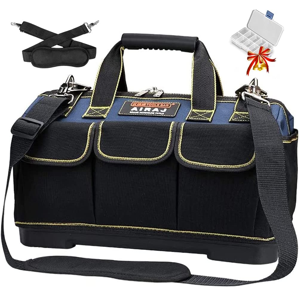 AIRAJ Tool Bag Organiser Hard Bottom 42 * 23 * 29cm/ 16-Inch,Water Proof Large Tool Bag with ABS Molded Base,Electrician Tool Bags Adjustable Shoulder Strap,Professional Wide Mouth ToolBag