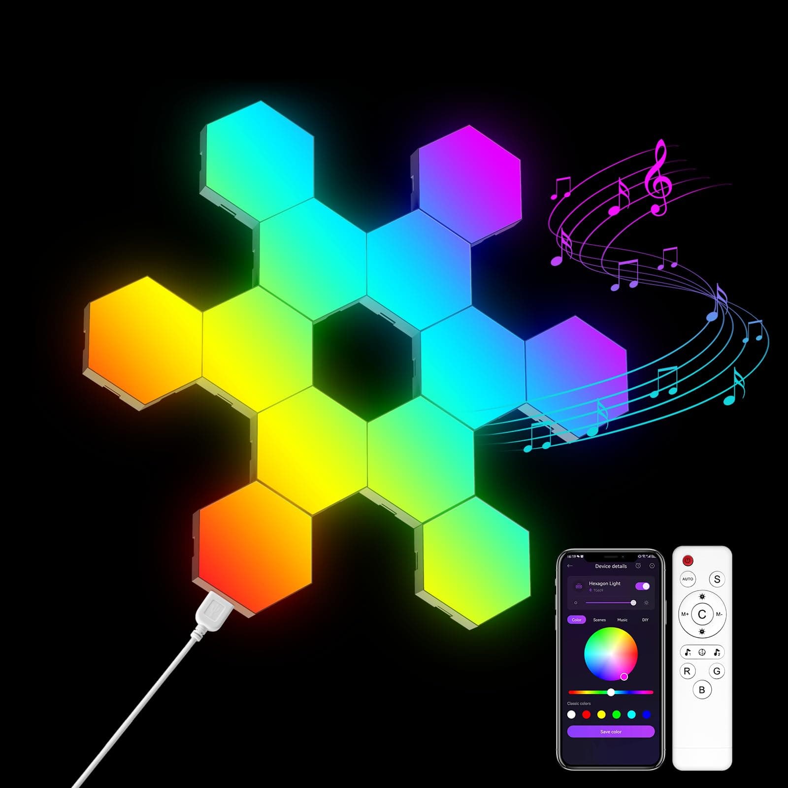 OJQ 12 Pack Hexagon Lights Wall RGB Panel - Hexagonal Modular Room Decor Light Smart APP Music with Sync Honeycomb Shape Panels Hexagon Gaming Lights for Bedroom Children