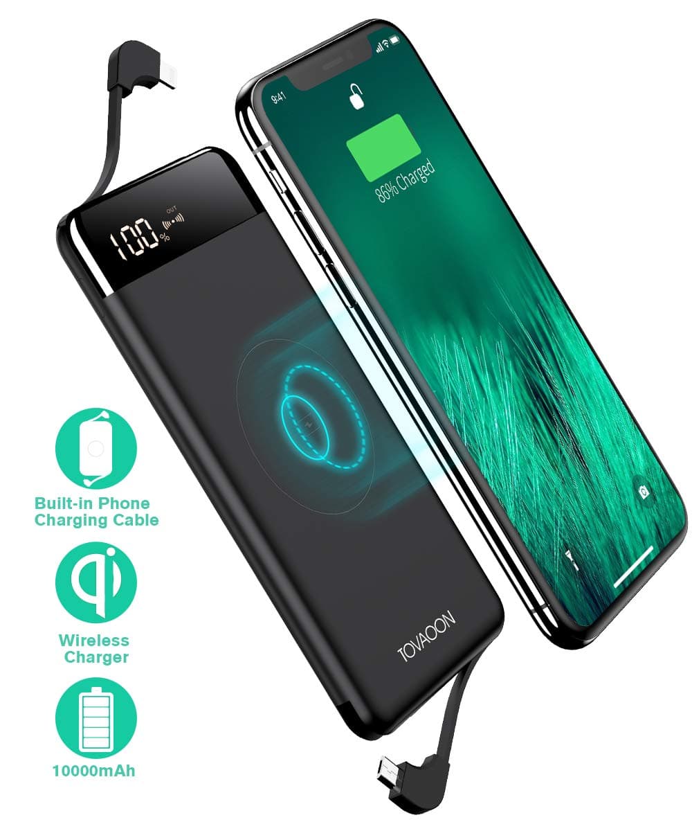 TOVAOON Wireless Portable Charger, 10000mAh Phone Charger Built in Cable Power Bank with LED Display External Battery Pack with Type-C Converter Compatible with iPhone Samsung Ipad and More(Black)