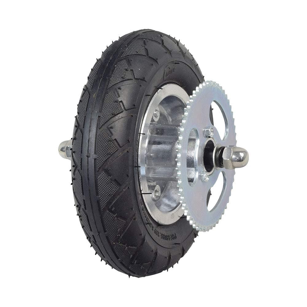 Front Wheel Assembly - Fits Razor Crazy Cart with Drift Bar (Versions 5 and up) Replacement 200x50 Rubber Tire, Inner Tube, Chain Sprocket, Axle, and Rim Parts for Kids Electric Carts