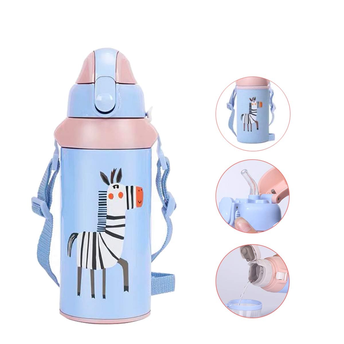 Sanry Children Water Bottle with Two Caps,Vacuum Insulated Stainless Steel Sippy Cup,Outdoor Flask,19OZ (19OZ, Blue Horse)