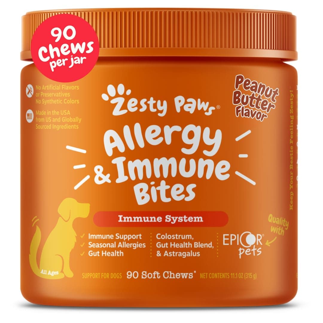 Zesty Paws Dog Allergy Relief Chews, Dog Probiotics for Itchy Skin and Ears, Peanut Butter, 90ct