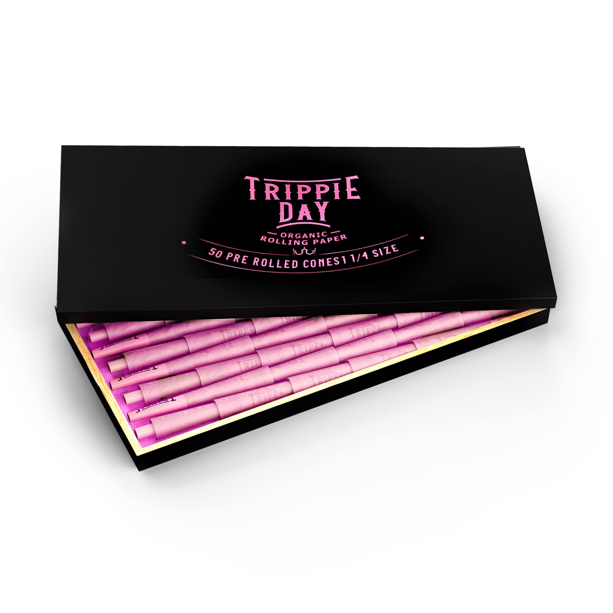 Trippie Day Pink 1 1/4 Size Pre Rolled Cones in a Wooden Box | 50 Pack | Vegan & Non GMO | Includes 10 Packing Sticks | (84 mm/3.3 inches)…