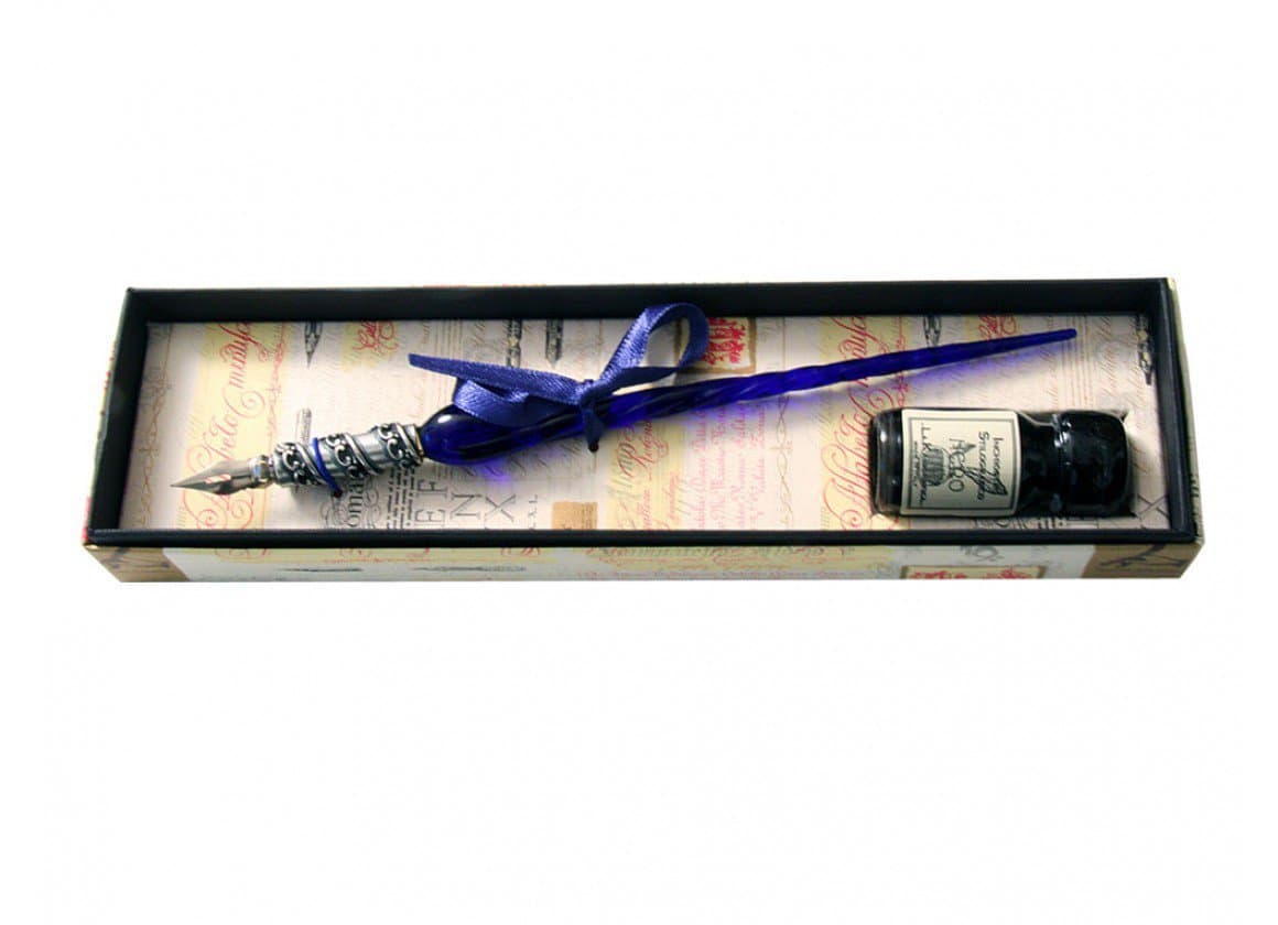 Coles Calligraphy Venetian Pewter Glass Pen and Ink Set - Blue