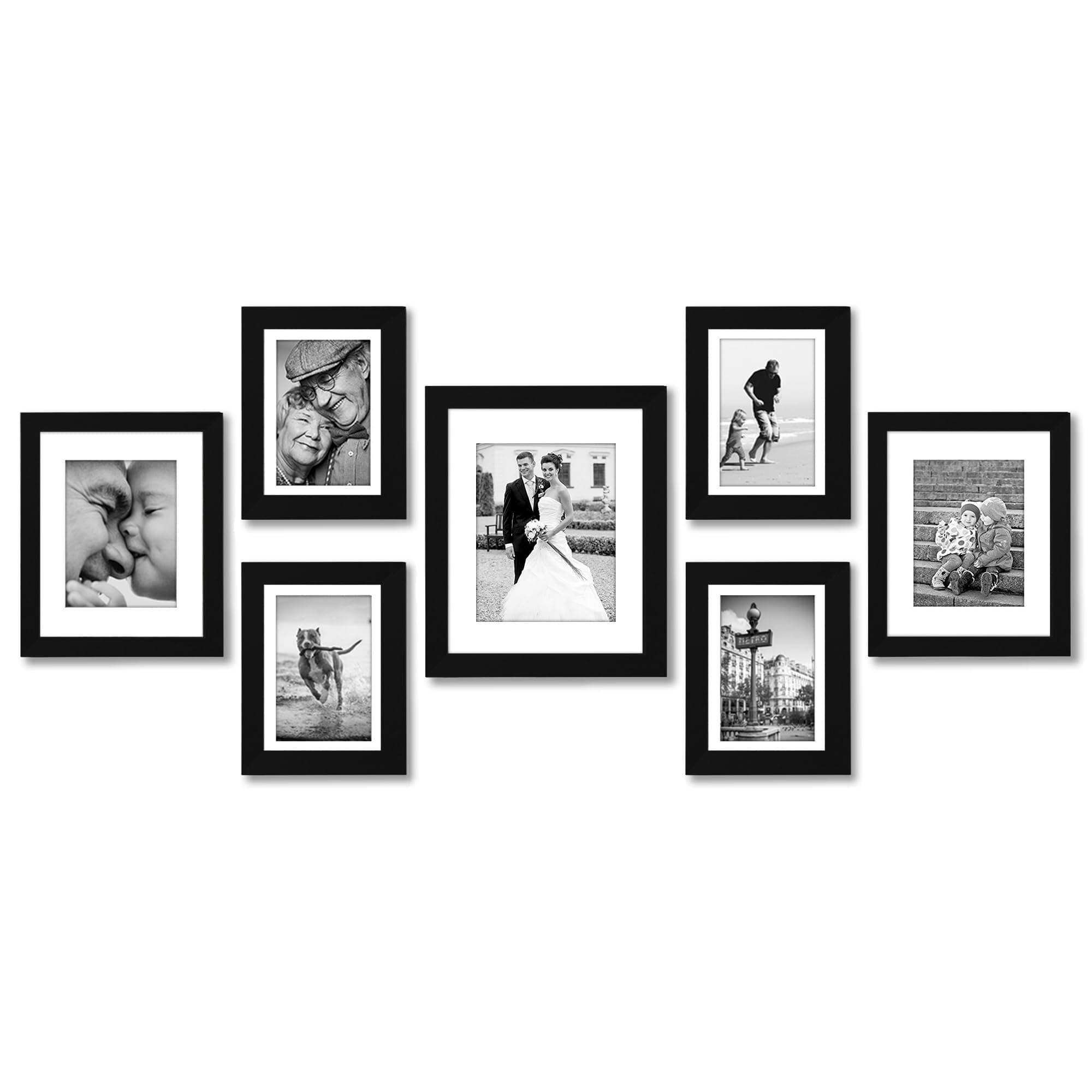 Americanflat Set of 7 Picture Frames with Shatter-Resistant Glass - Gallery Wall Frame Set with One 11x14, Two 8x10 and Four 5x7 Frames - Signature Collection - Black