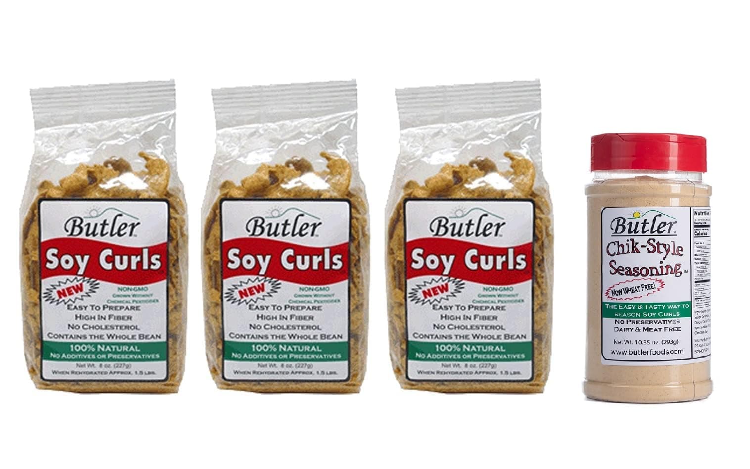 Butler Soy Curls 3 Pack - 3 x 8 oz bags + 10.35 oz Chik-Style Seasoning