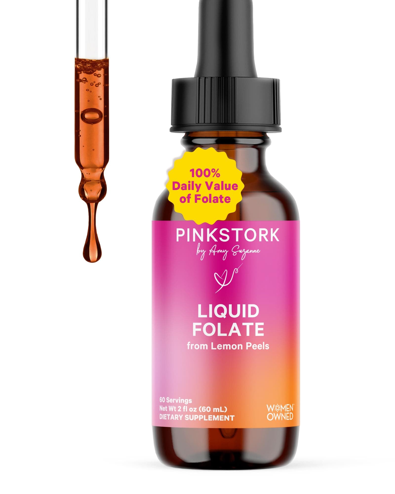 Pink Stork Liquid Folate Drops – 5-MTHF Methylfolate B9 Vitamin | Liquid Folic Acid Alternative for Women | Prenatal Folate, Non-GMO, Vegan, Sublingual Methylfolate Supplement | 2 fl oz
