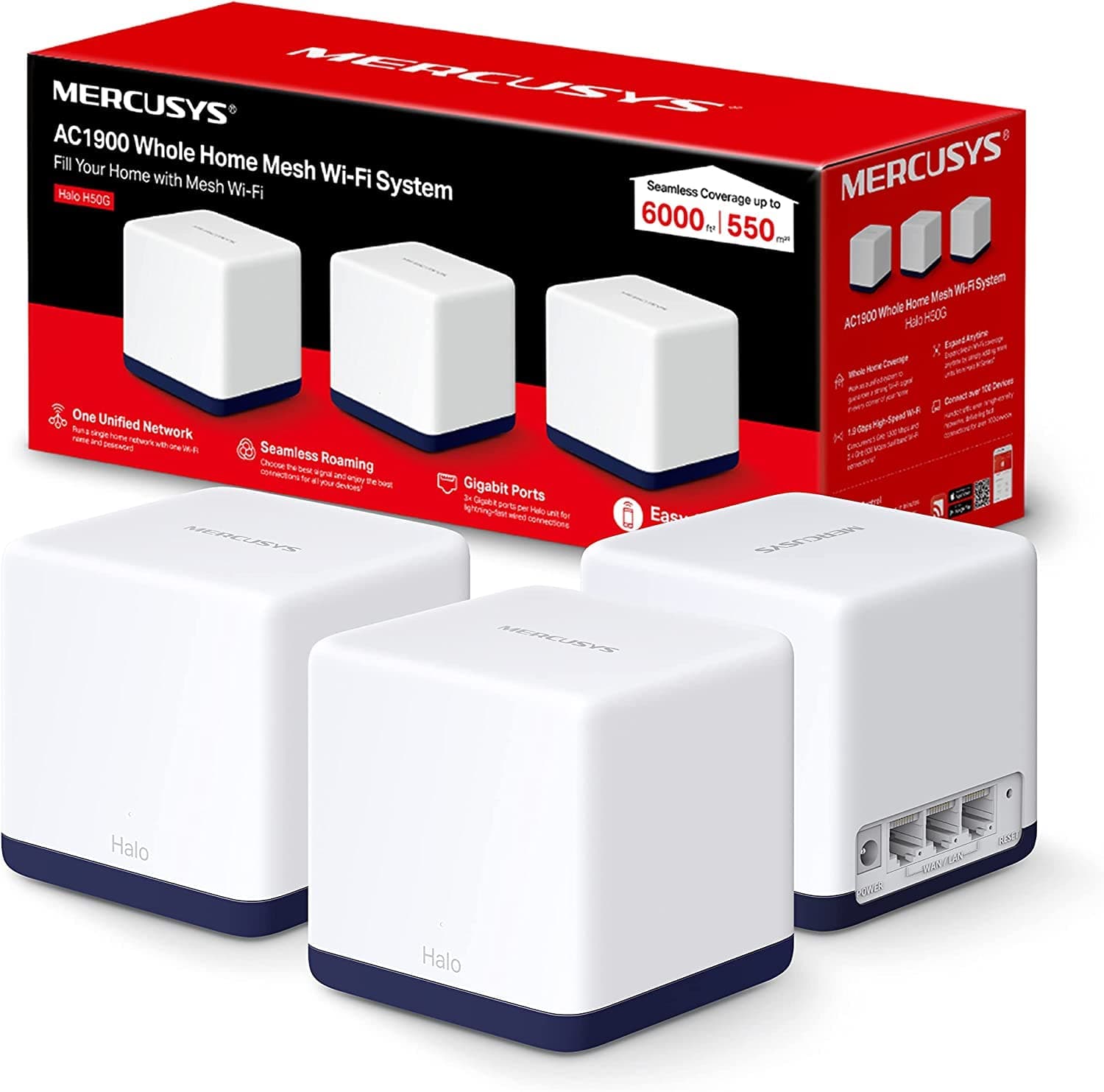 Halo H50G(3-pack) AC1900Mbps Mesh WiFi System, Gigabit Ports, TP-Link WiFi Mesh System, WiFi Router, WiFi Extender Booster, 6,000ft²(550 m²), Seamless Roaming, Beamforming, Easy Setup