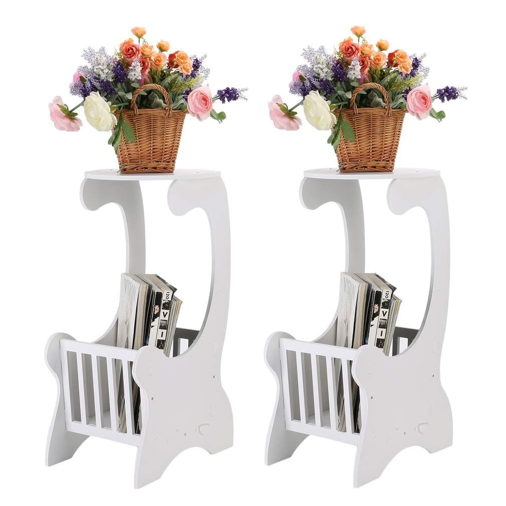 KATHER Wooden Round Coffee Table with Magazine Rack, End Side Table Corner Lamp Stand White (2 Pack)