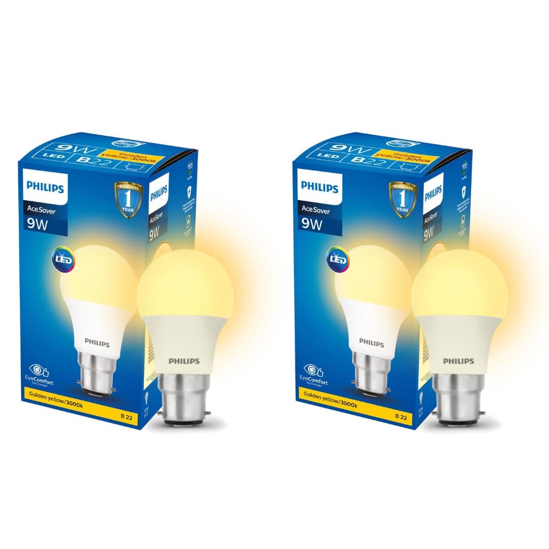 Philips 9-Watts B22 LED Warm White(Golden Yellow) LED Bulb, Pack of 2, (Ace Saver)