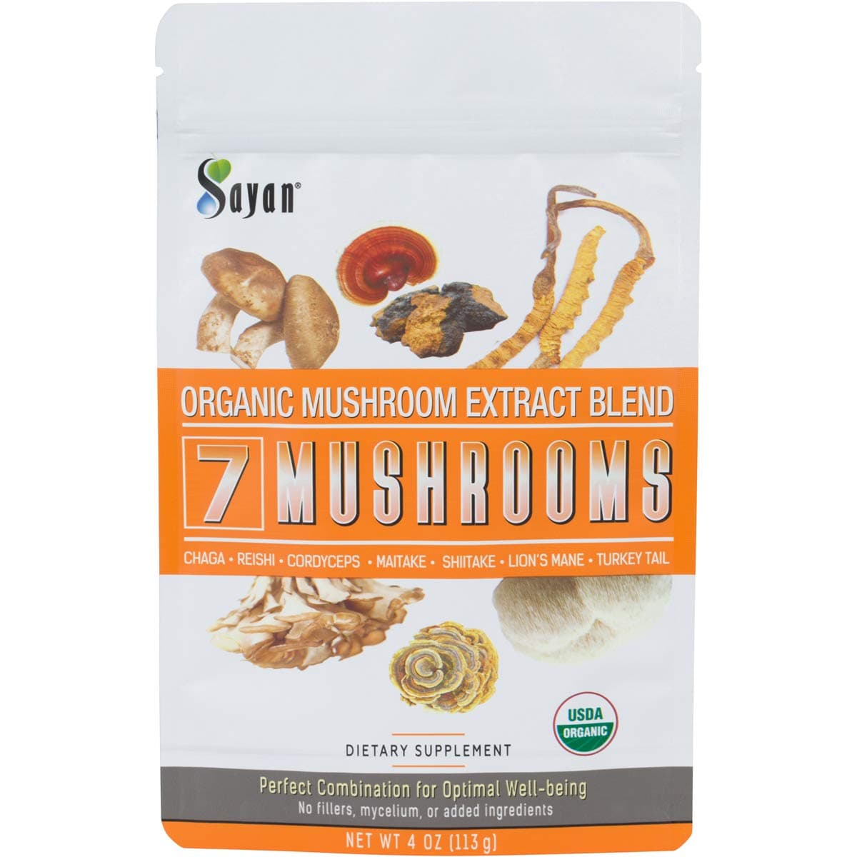 Sayan 7 Mushrooms USDA Organic Extract Powder Blend Supplement 4 oz / 113g - Chaga, Reishi, Cordyceps, Maitake, Shiitake, Lion's Mane and Turkey Tail, No Fillers, Add to Coffee or Tea, Fruiting Body