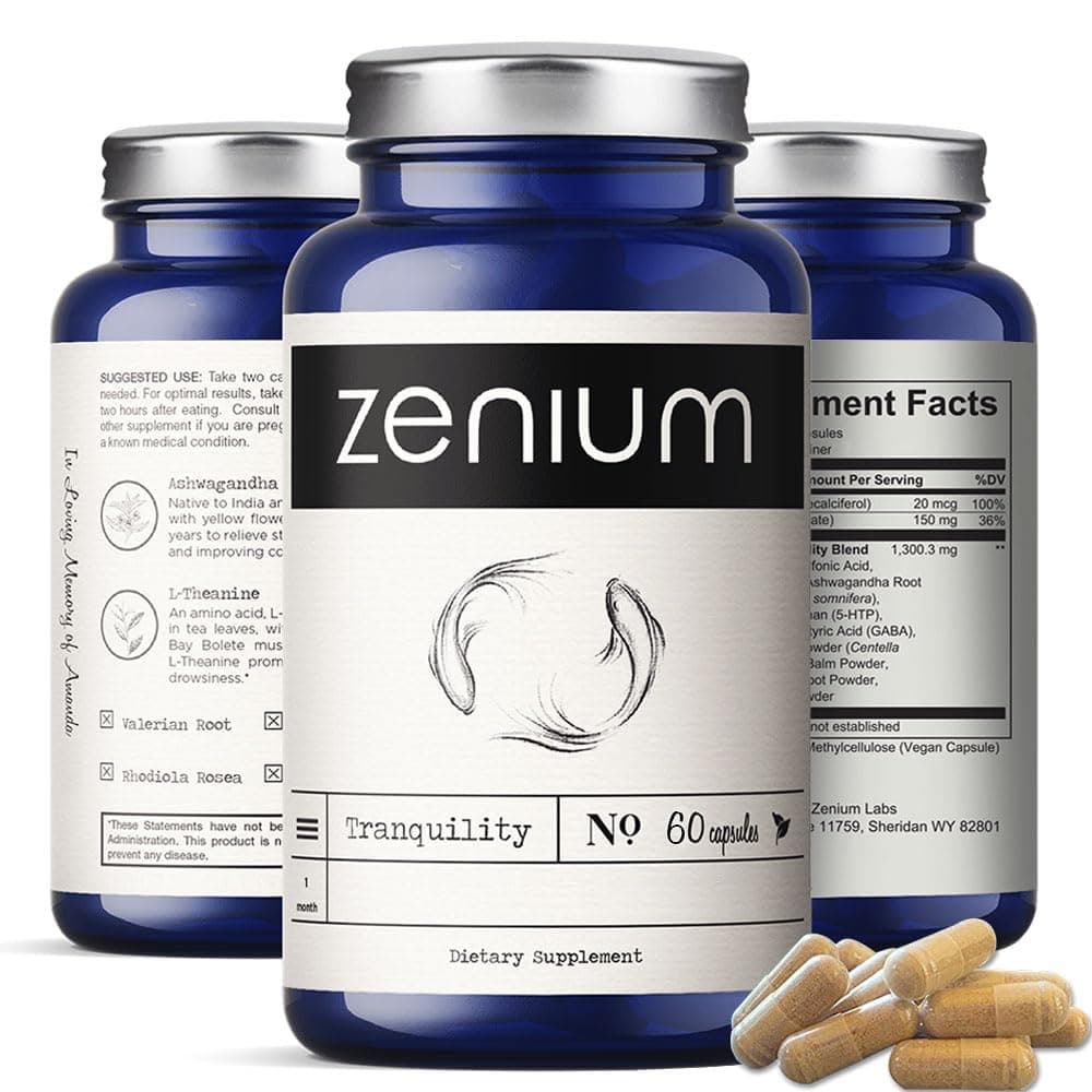 Zenium - Relieve Stress, Tension, Worry, Nervousness, & Irritability | Calm The Mind & Body | Ayurvedic | Natural Relief Supplement | Boosts Mood | Ashwagandha, L-Theanine, GABA, Rhodiola |60 Capsules