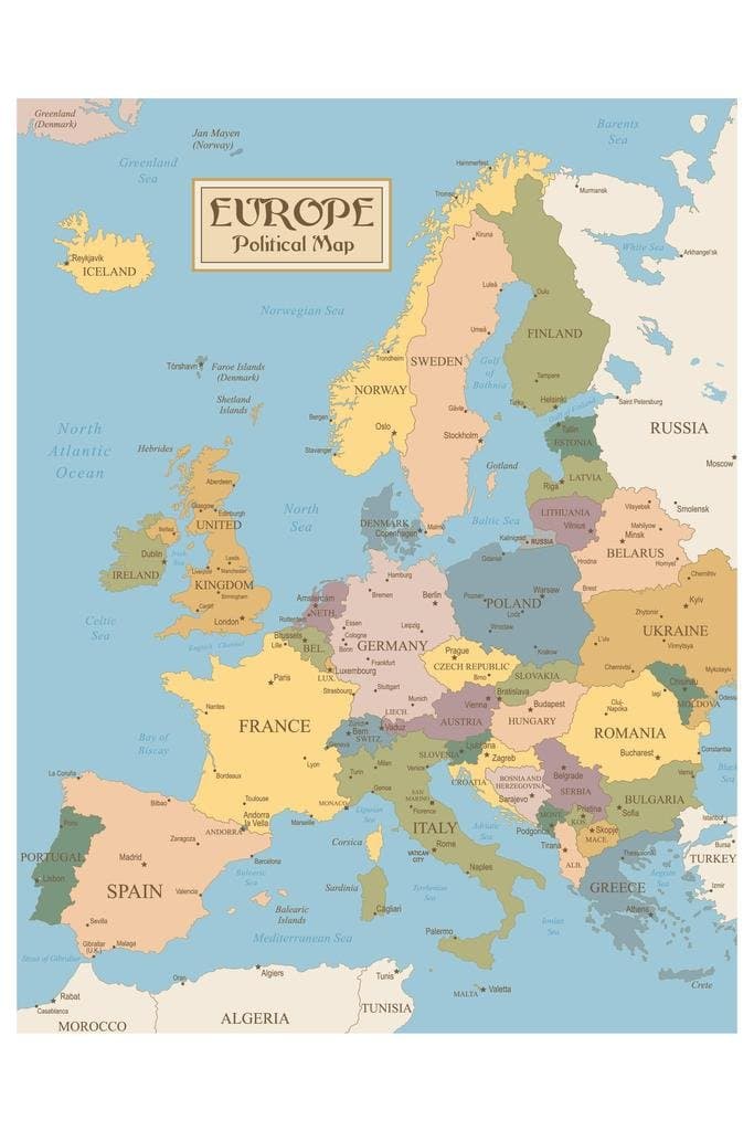 Vintage Map of Europe Art Print Laminated Dry Erase Sign Poster 60x90