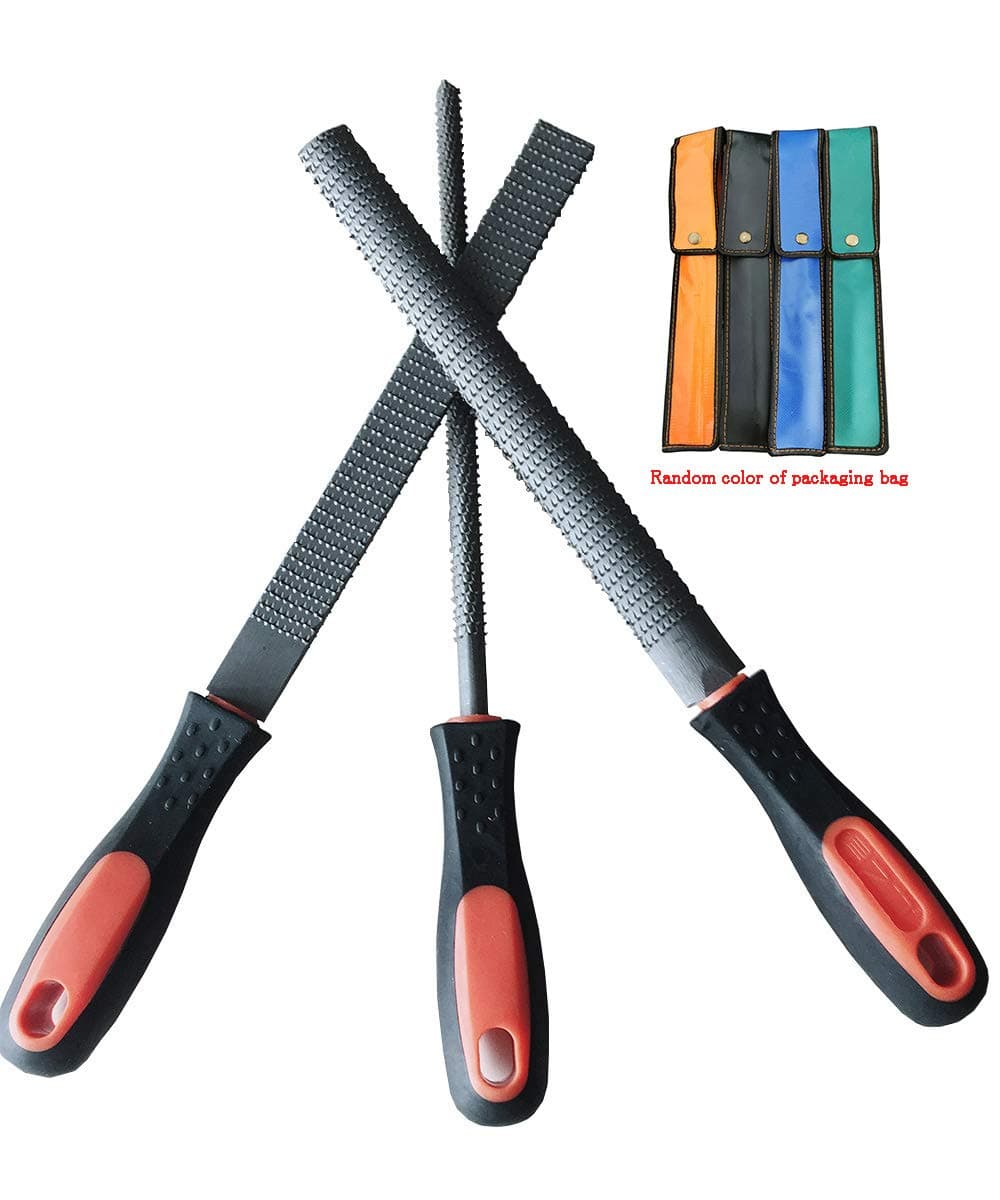 8" Wood Rasp File Set with Rubber Grip - includes Hand Cut Round, Half-round, and Flat Rasp File Kit - Curved and Flat Tools(3 Pcs) The Color of Packing bag is random