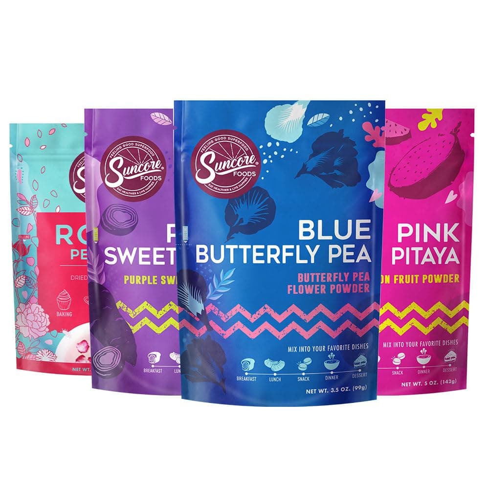 Suncore FoodsBetter Together Favorites Starter Bundle 4 Pack – 3 Powders (Blue, Pink & Purple) & Rose Petals Bloom