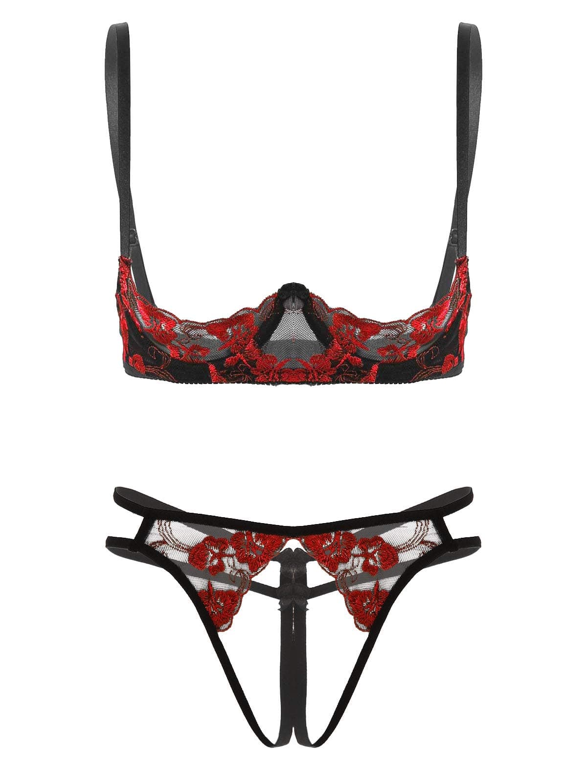 Kaerm Woman's See Through Sheer Lace Lingerie Set 1/4 Cups Underwired Push Up Bra Top with G-String Briefs