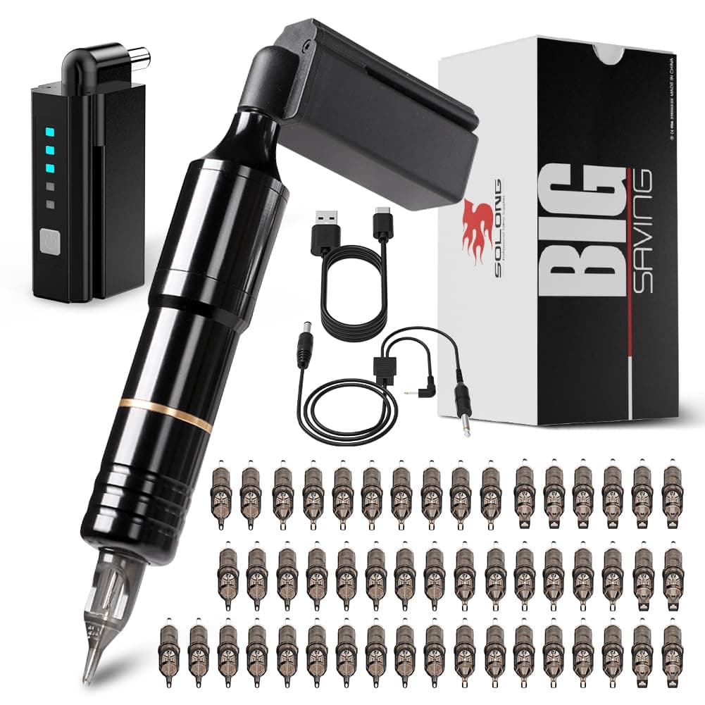 Pen Kit Rotary Tattoo Gun Machine with Wireless Tattoo Power Supply 50Pcs Cartridge Tattoo Needles EM128KITPRD50-1-US