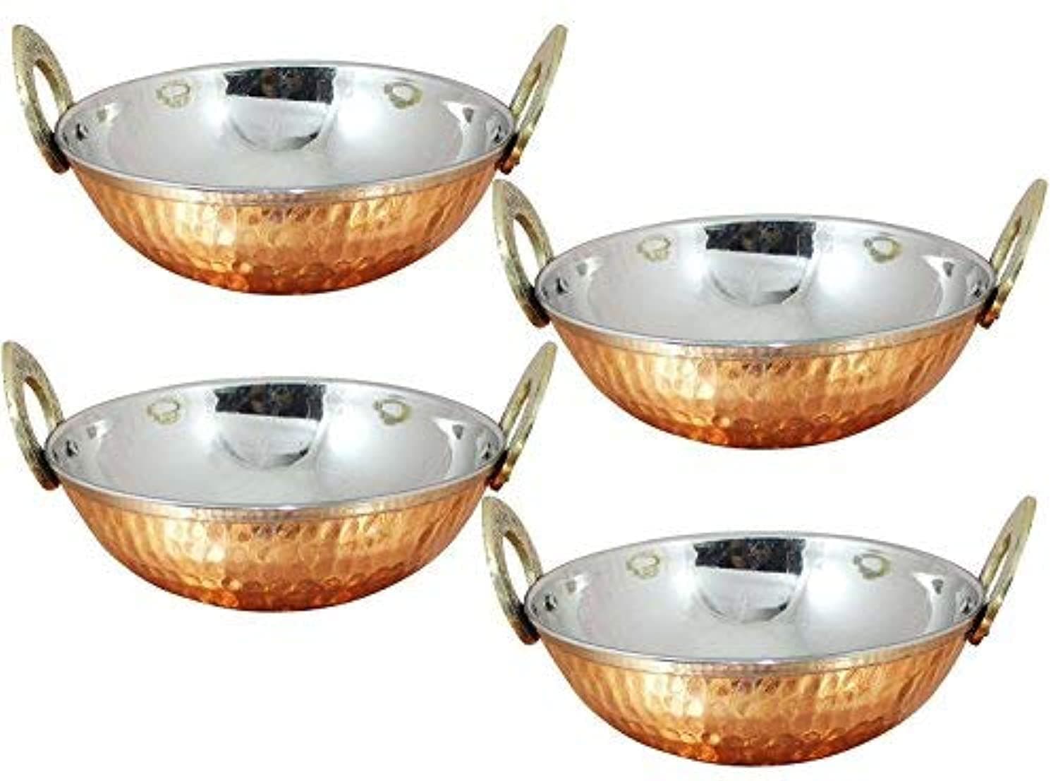 Set of 4, Pure Copper, Stainless Steel Bowls with Solid Brass Handle Serveware Accessories Karahi Pan for Indian Food,Diameter- 7 Inches