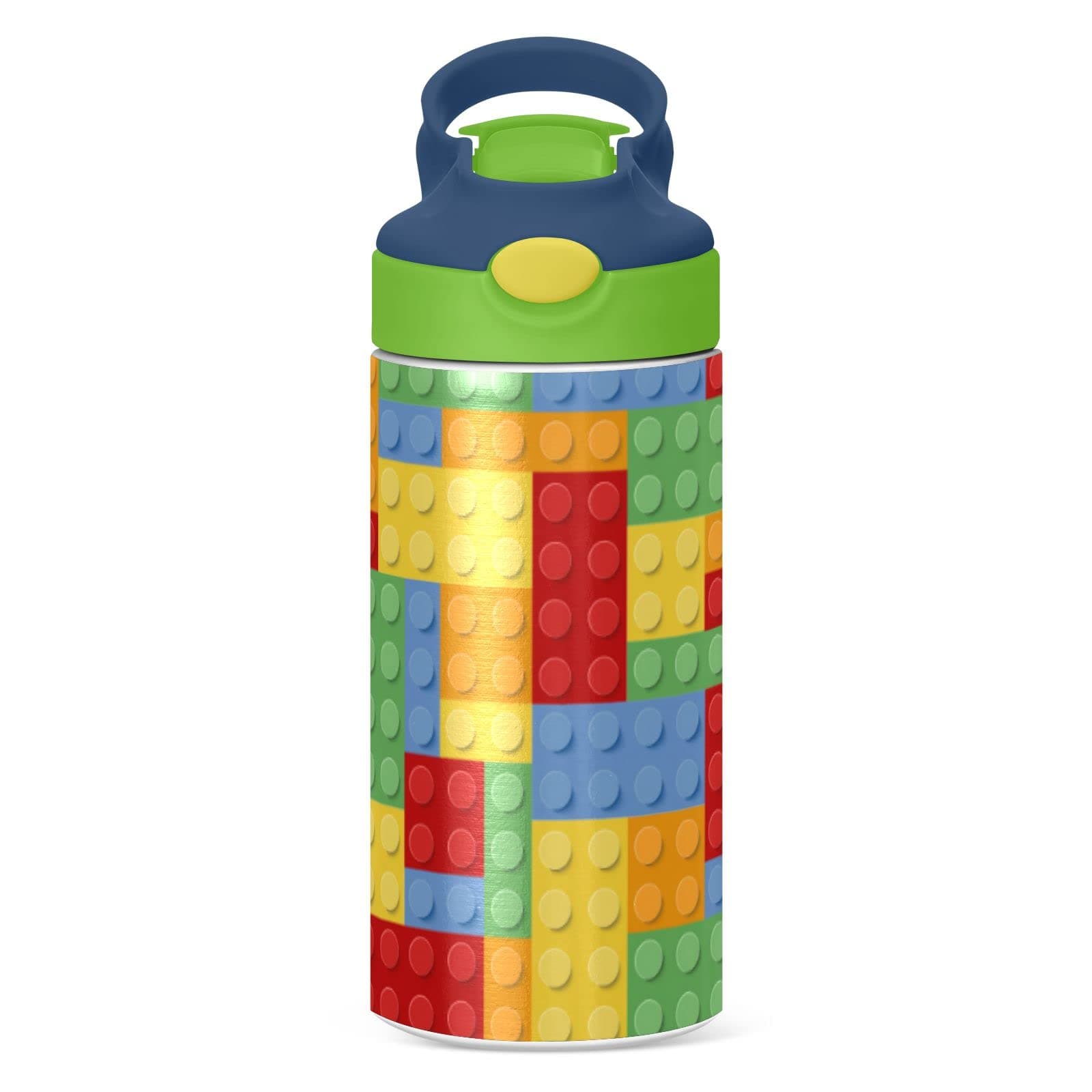 Kigai Small Water Bottle for Kid 12oz Building Blocks Insulated Bottle with Straw Lid Stainless Steel Tumbler Vacuum Cup Thermal Bottles