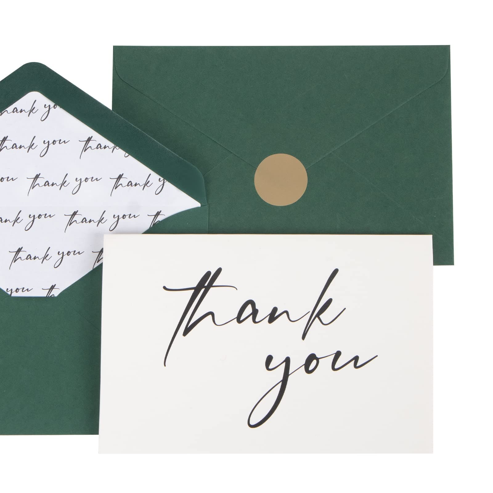 AZAZA 50 PK Thank You Cards with Envelopes,Green Envelopes and Gold Stickers Thank You Notes,Minimalistic Thank You Cards Bulk with Envelopes for Weddings,Baby Shower,Graduation 4 * 6 IN