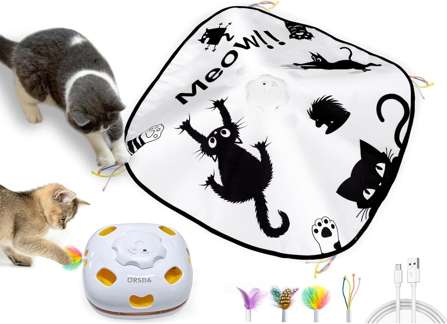 ORSDA Cat Toys for Indoor Cats, 4 in 1 Automatic Interactive Kitten Toy, Rechargeable Electric Whack-A-Mole Moving Ambush Feather, Hide and Seek, Chase Feather for Kitty for Kicker Adult Cat