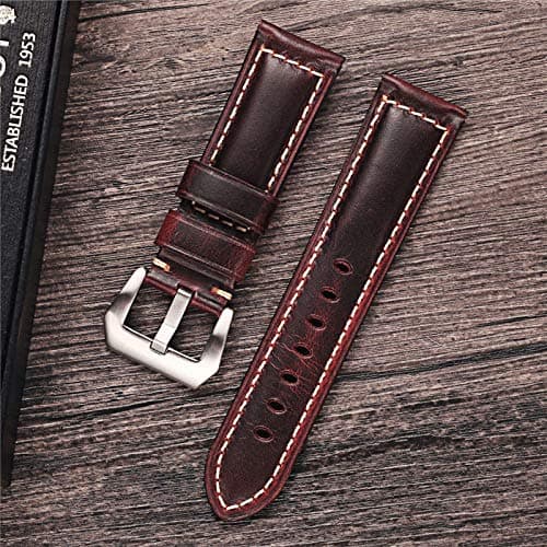 xiumei 24mm Cowhide Oil-Tanned Leather Watch Band Replacement Watch Strap Steel Buckle-Red Brown Watch Band