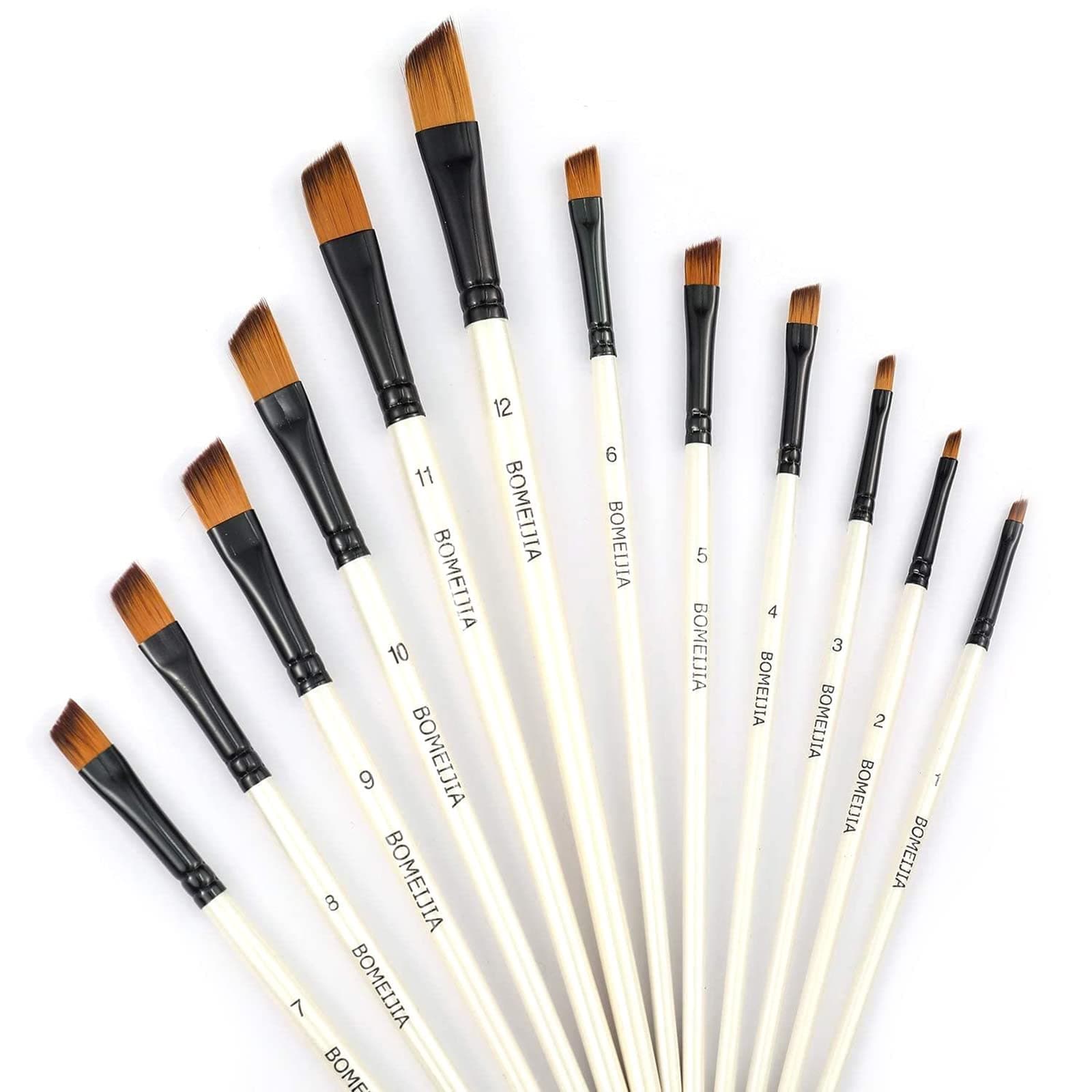 Angular Paint Brushes Nylon Hair Angled Watercolor Pait Brush Set for Acrylics Watercolors Gouache Inks Oil and Tempera(12pcs Pearl White Angled Paintbrush Set)