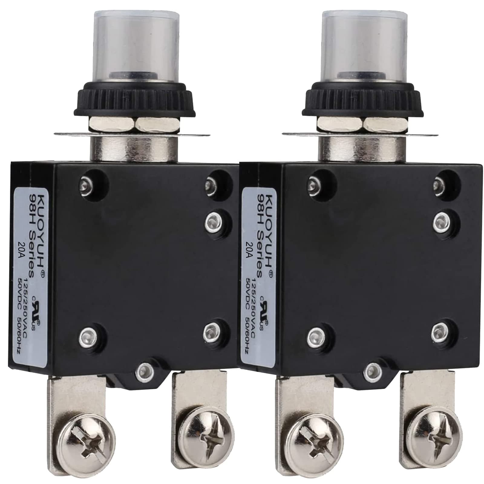 DIYhz Thermal Circuit Breaker,98 Series 20A 125/250VAC Circuit Breaker Push-Button Reset with Quick Connect Terminals and Waterproof Button Cover 32VDC Thermal Overload Circuit Breaker - 20 Amp, 2Pcs