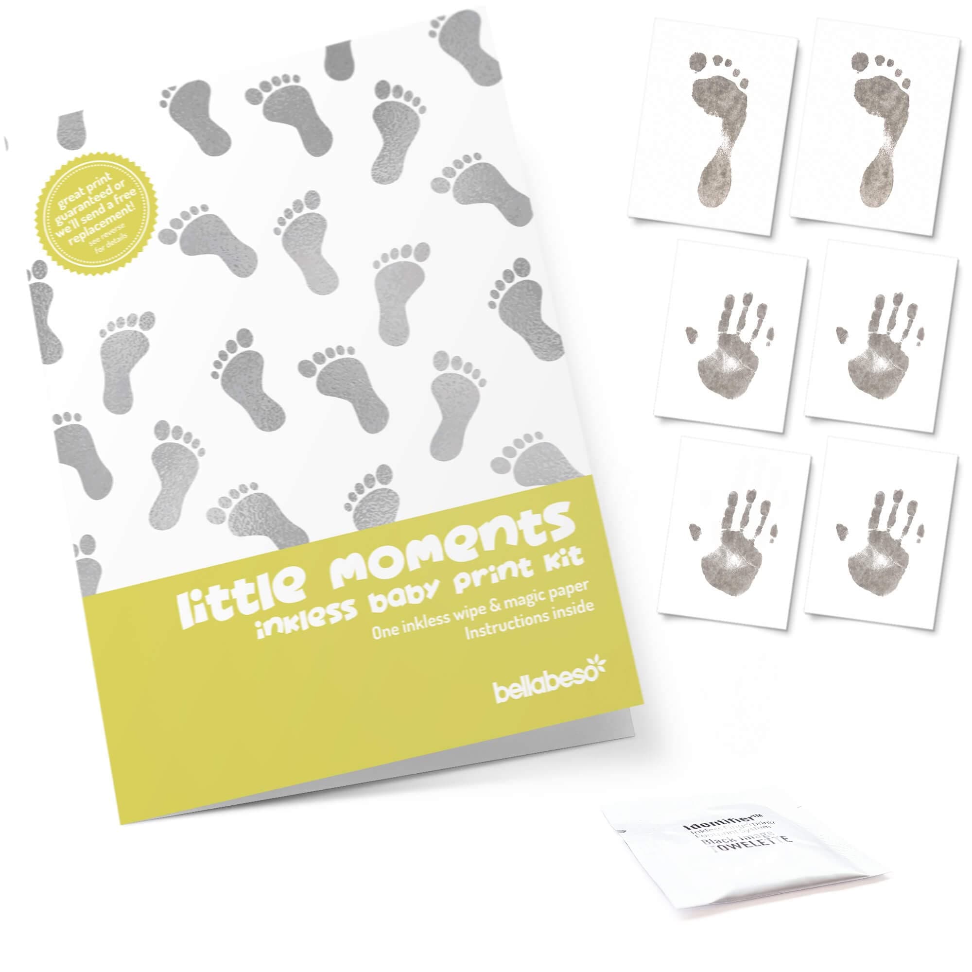 Six Sheet Baby Hand and Foot Print Kit with one inkless towelette – Ready to Frame Sizes Baby Footprint kit from Little Moments