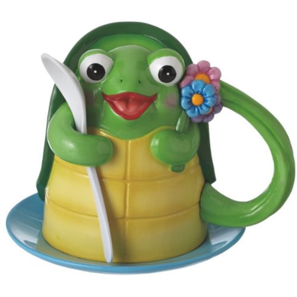 Midwest CBK Turtle Coffee Mug Saucer Plate And Spoon Set Tea Hot Chocolate Green with Flowers