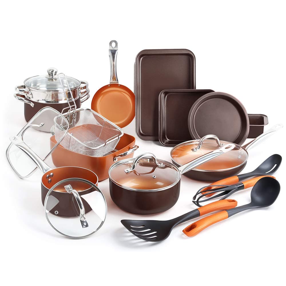 SHINEURI 23 Pieces Nonstick Ceramic Copper Cookware Set, Pots and Frying Pans Set, Square Pan and Bakeware Set, Kitchen Cooking Utensils Fry Pan with Glass Lid for Induction, Gas, Electric & Stovetops