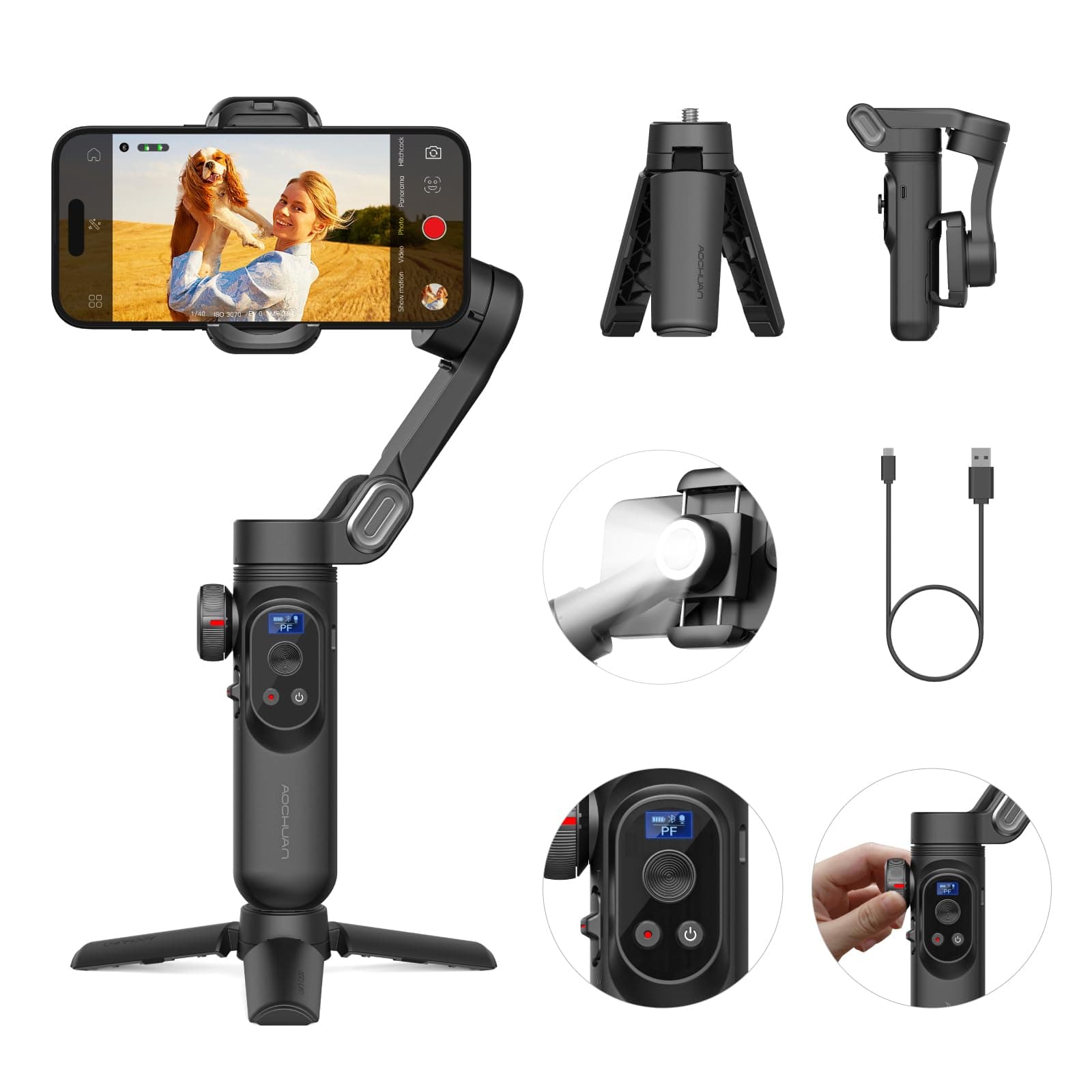 AOCHUAN Gimbal Stabilizer for iPhone Gimbal with Wireless Charging Smartphone for iPhone 15 Pro Max/Android Foldable 3-Axis Handheld Phone Stabilizer for Video Recording Face Tracking-Smart X Pro