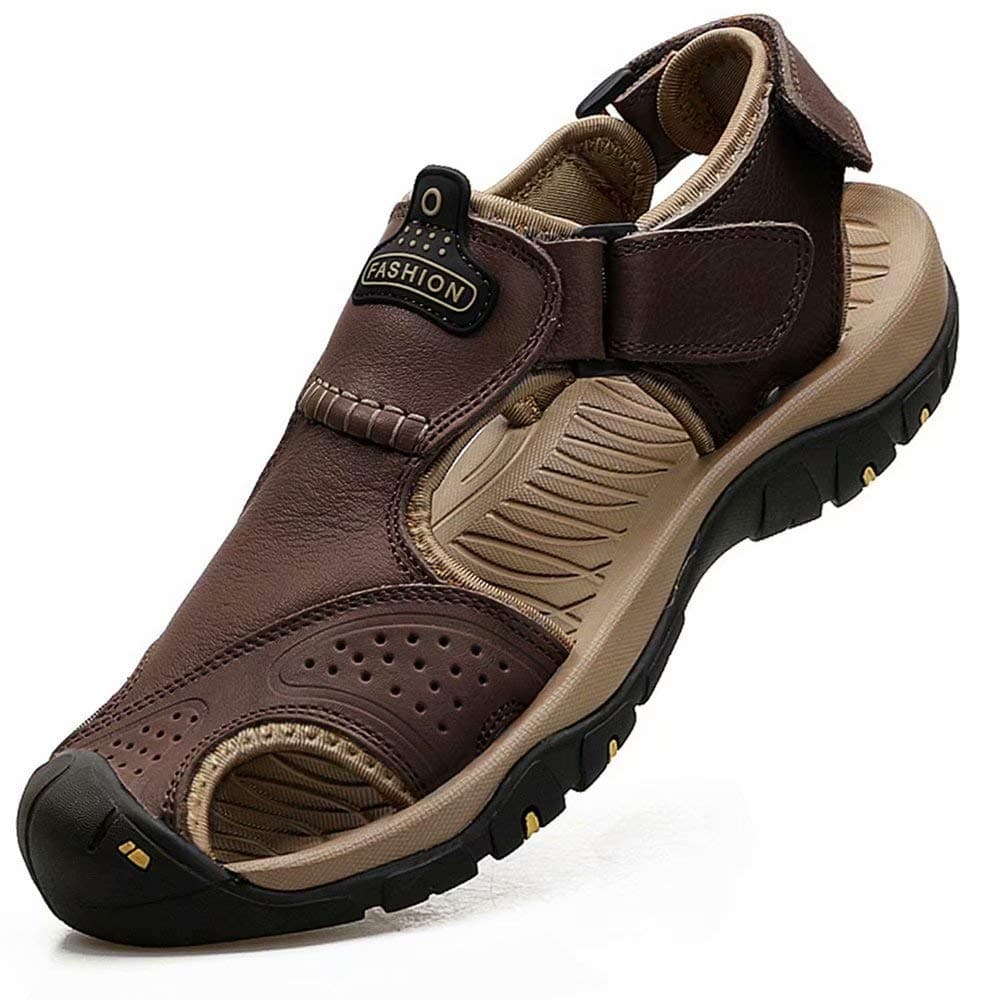 Mens Leather Sandals Outdoor Hiking Sandals Waterproof Athletic Sports Sandals Fisherman Beach Shoes Closed Toe Water Sandals