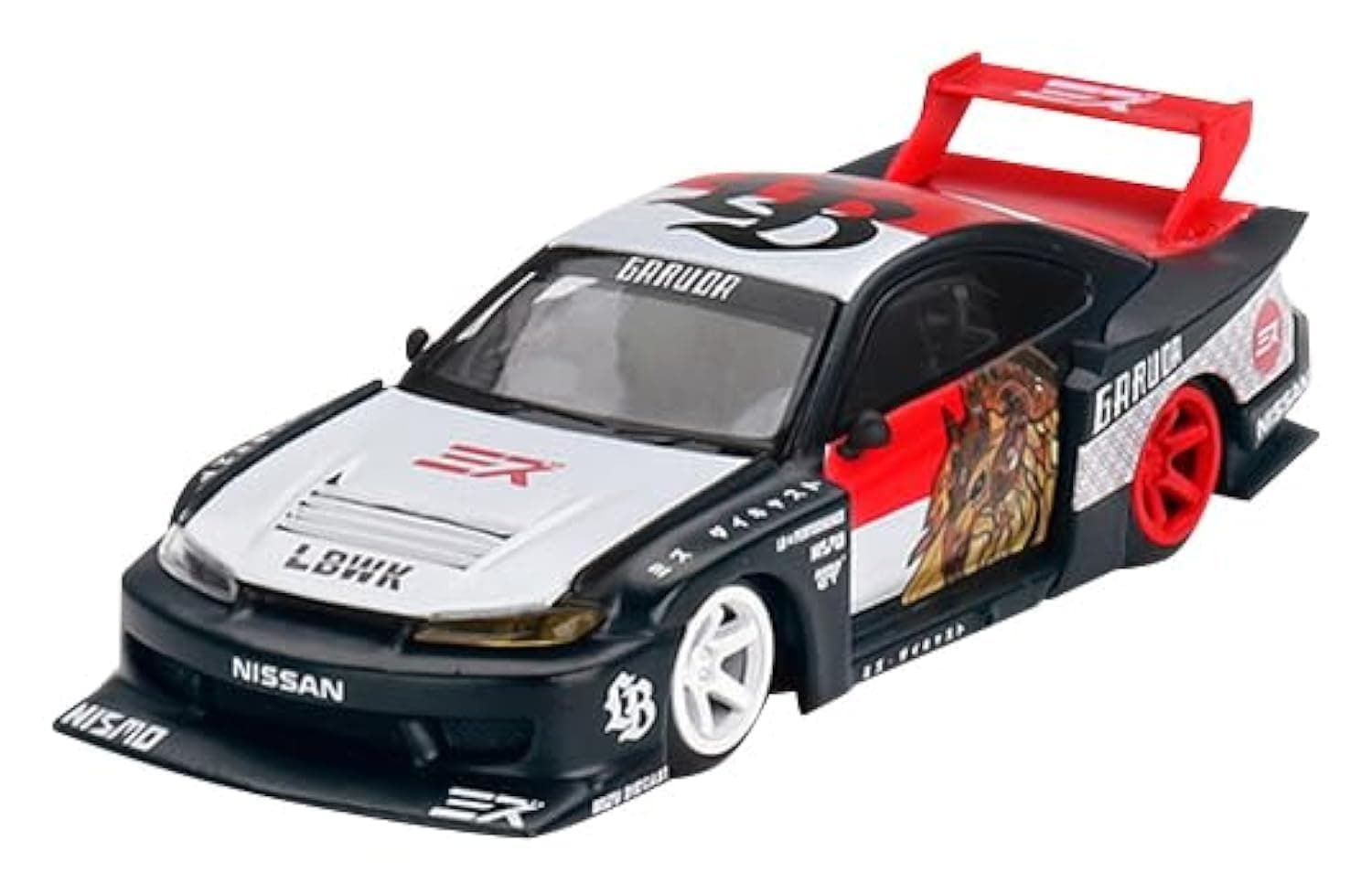 Silvia (S15) LB-Super Silhouette RHD (Right Hand Drive) Garuda White and Black with Graphics Limited Edition 1/64 Diecast Model Car by True Scale MGT00652