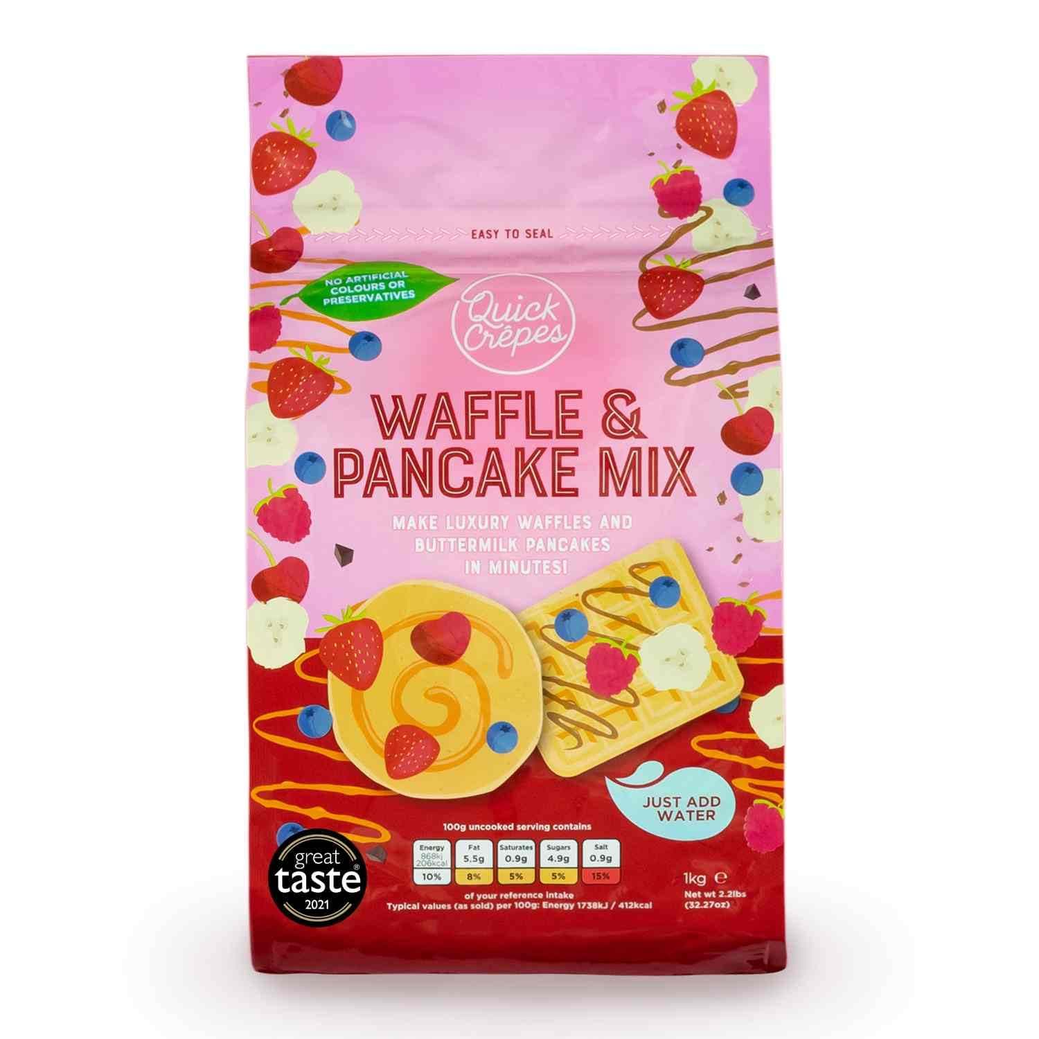 Award-Winning Luxury Waffle & Pancake Mix - 1kg Resealable Bag - just add Water to make crispy Belgian-style Waffles and fluffy American Buttermilk Pancakes