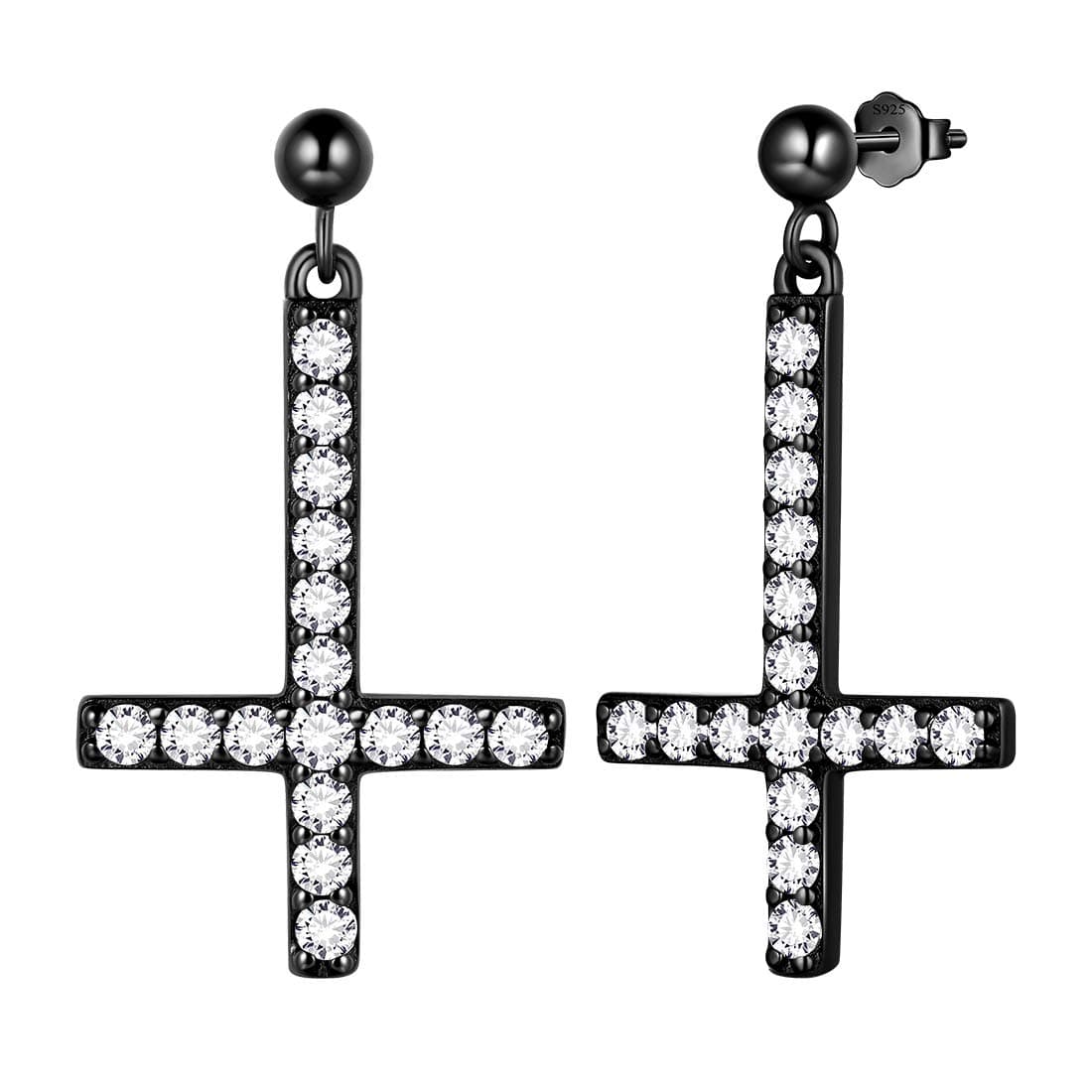 Mens Inverted Cross Earrings 925 Sterling Silver Women Upside-down Cross Earring St. Peter's Cross Earring Crystal Cubic Zirconia Jewelry