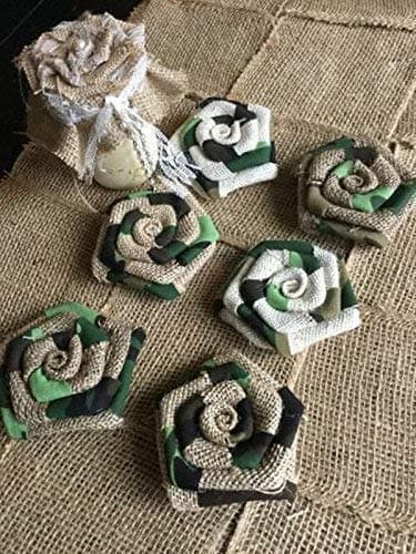 Six Burlap Flowers in Natural Shades Camo Fabric 3.5" Cake Top Wreath Rustic Hunting Decor Centerpiece Wedding Reception Table Bouquet Camouflage