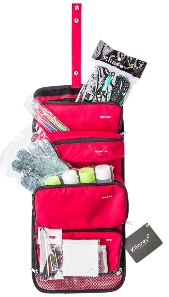 Travel Toiletry Bag Filled with Hairbrush, 2 Toothbrushes, Exfoliating Bath Sponge, Shower cap, 4 travel size bottles, Nail care kit. Complete Personal Care Kit