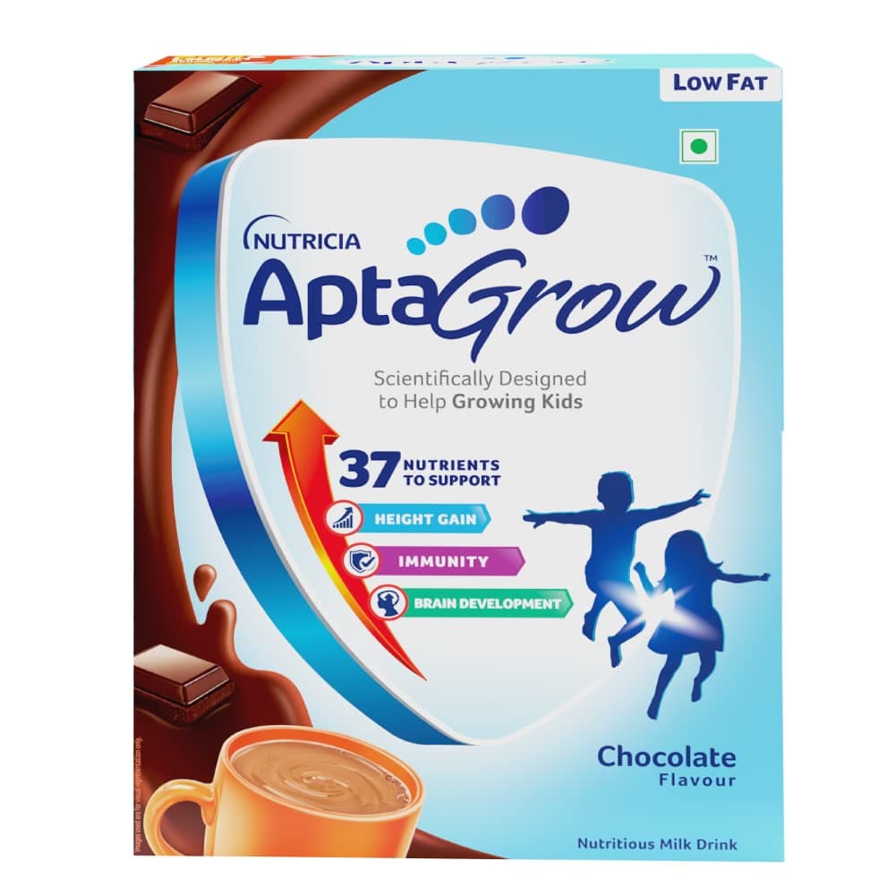 AptaGrow Milk Drink Powder For Kid S Height Gain,Immunity & Brain Development,Nutritious & Tasty Chocolate Flavor,400 G|37 Nutrients|Prebiotics|Low Fat|Veg,1 Count,13 Servings