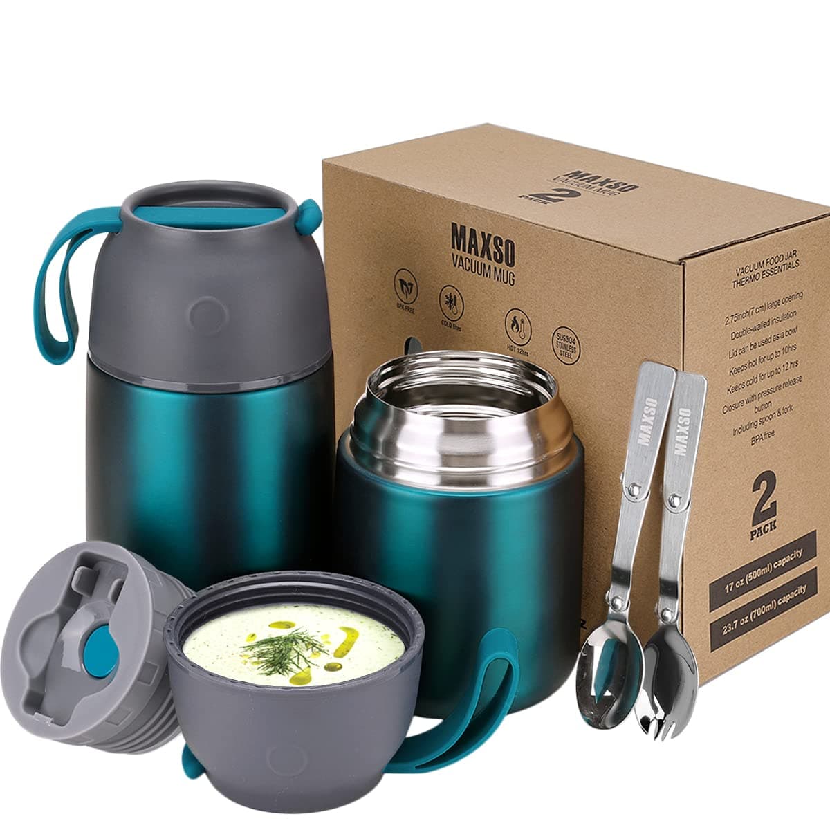 MAXSO 2 Pack Soup Thermo for Hot & Cold Food for Kids Adults, Vacuum Insulated Food Jar Thermal Lunch Containers, Travel Food Flask with Spoon (24 oz,17 oz) (Matte Green)