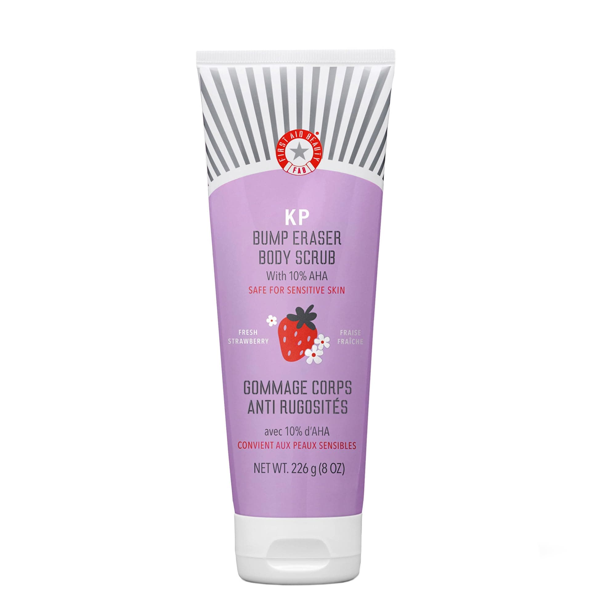 First Aid Beauty - KP Bump Eraser Body Scrub with 10% AHA, Keratosis Pilaris Exfoliater with Glycolic and Lactic acids, Helps Reduce Chicken Skin Bumps, Safe for Sensitive Skin, Strawberry Scent, 226g